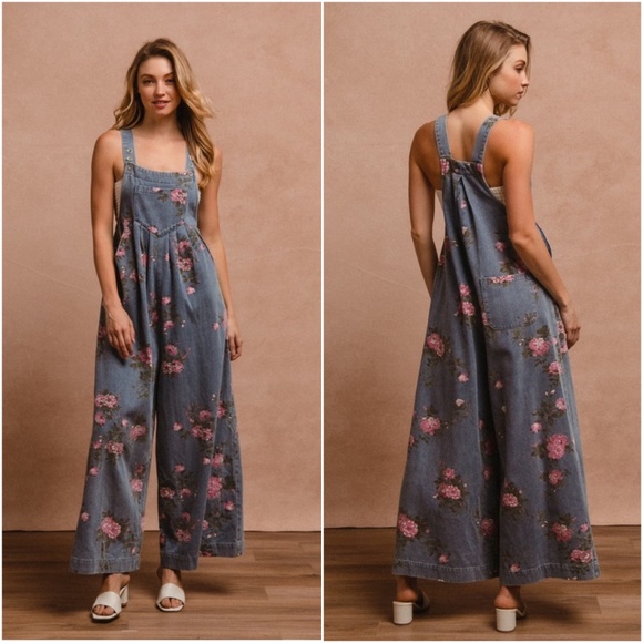 Bibi Floral Print Dark Wash Pockets Wide leg Denim Bib jumpsuit - Picture 3 of 5